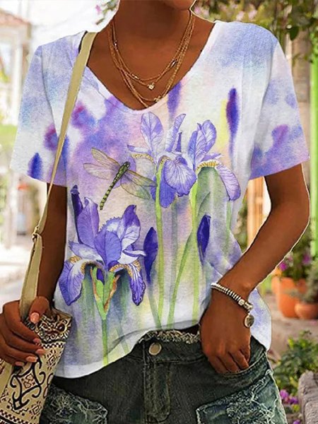Floral V Neck Loose Casual T-Shirt, Blue, T-Shirts