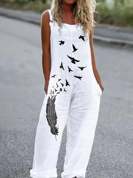 

Linen Loose Cotton-Blend Jumpsuit, White, Jumpsuits＆Rompers