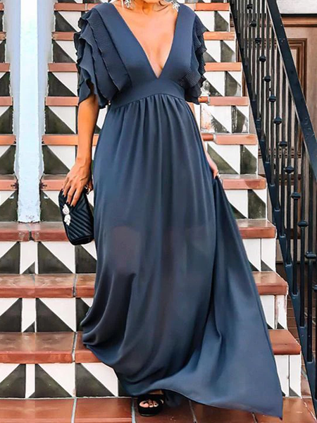 Plain Elegant Regular Fit Short sleeve Dress With Maxi No Belt, Navyblue, Maxi Dresses