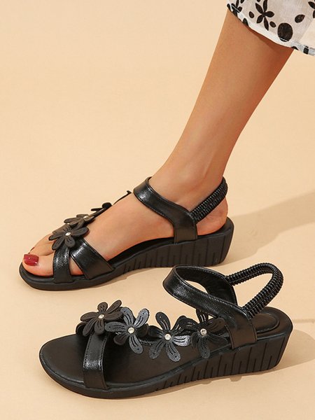 Black Flower Comfortable Soft Beach Wedge Sandals, Sandals