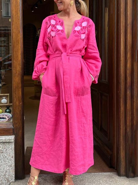 Long sleeve Loose Vacation Cotton Dress With Belt, Rose red, Maxi Dresses