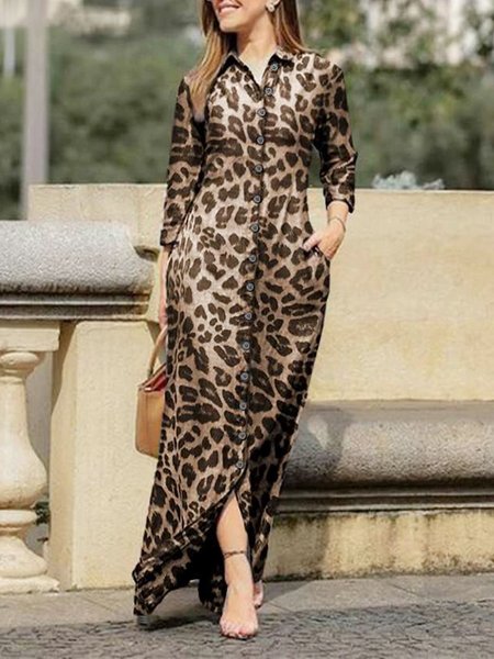 Leopard Regular Fit Shirt Collar Urban Dress, Maxi Dresses
