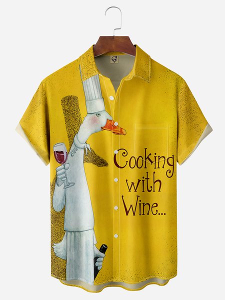 Chef Duck Chest Pocket Short Sleeve Casual Shirt, Yellow, Men Shirts