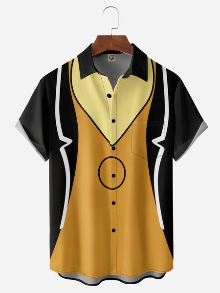 Cartoon Tuxedo Chest Pocket Short Sleeve Casual Shirt, Yellow, Men Shirts