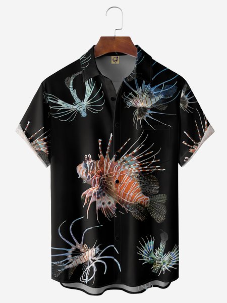 Lionfish Chest Pocket Short Sleeve Hawaiian Shirt, Black, Men Shirts