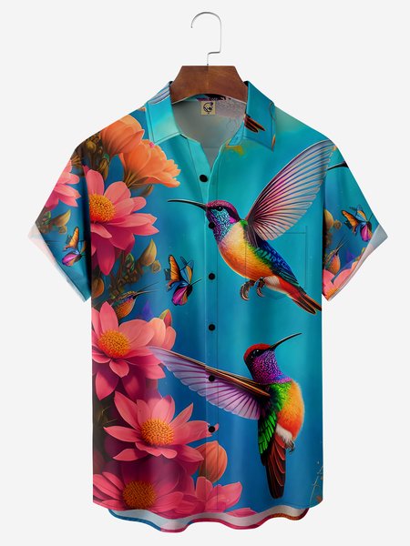 Floral Hummingbird Chest Pocket Short Sleeve Hawaiian Shirt, Blue, Men Shirts