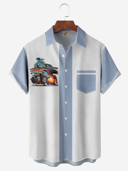 

Truck Chest Pocket Short Sleeve Bowling Shirt, Blue, Men Shirts