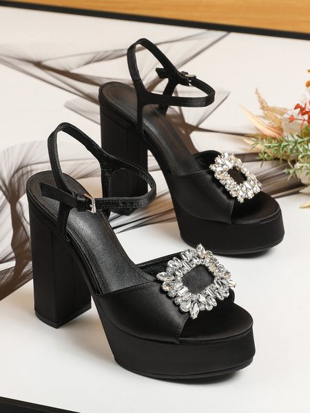 Black Rhinestone Decor Platform Chunky Heel Sandals, Heels