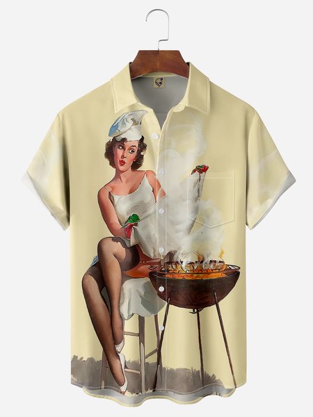 Retro Beauty Chest Pocket Short Sleeve Hawaiian Shirt, Yellow, Men Shirts
