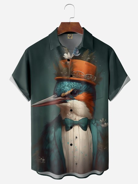 Hummingbird Chest Pocket Short Sleeve Hawaiian Shirt, Dark green, Men Shirts