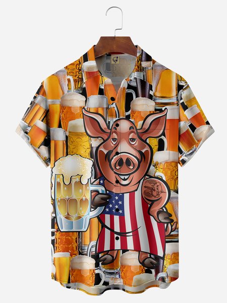 Cheers Beer Pig Chest Pocket Short Sleeve Shirt, Yellow, Men Shirts