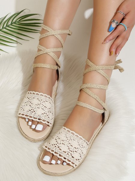 Breathable Lace Braided Espadrille Sandals, Beige, Sandals