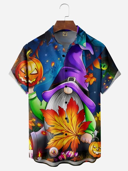 Halloween Gnome Chest Pocket Short Sleeve Casual Shirt, Blue, Men Shirts