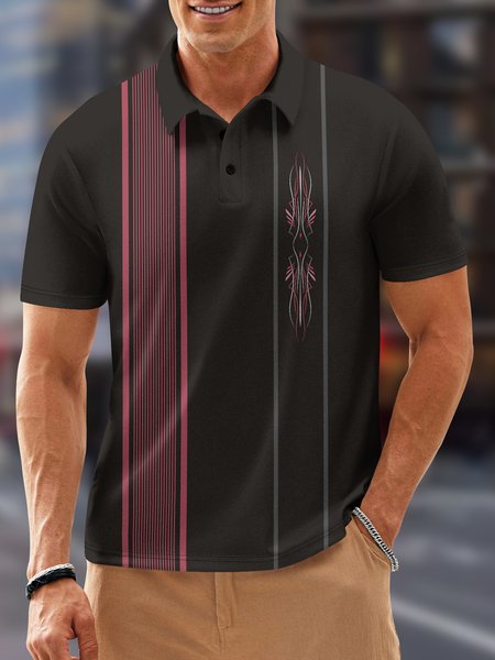 Hot Rod Pinstriping Button Down Short Sleeve Polo Shirt, Black, Polo Shirts