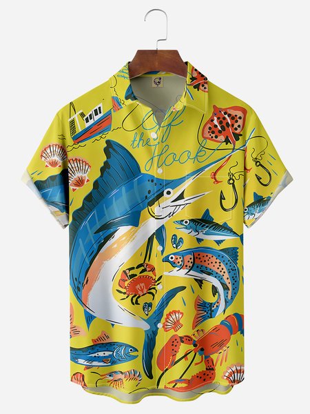 Marlin Chest Pocket Short Sleeve Hawaiian Shirt, Yellow, Men Shirts