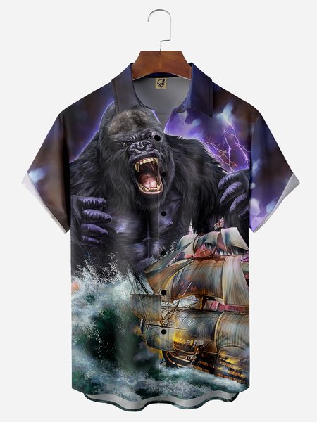 

Gorilla Sailing Boat Chest Pocket Short Sleeve Hawaiian Shirt, Purple, Men Shirts