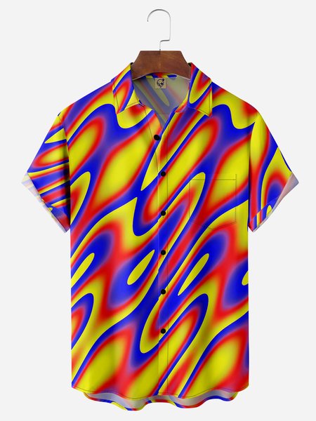 Laser Print Chest Pocket Short Sleeve Casual Shirt, Yellow, Men Shirts