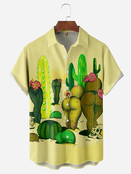 Cactus Chest Pocket Short Sleeve Hawaiian Shirt, Yellow, Men Shirts
