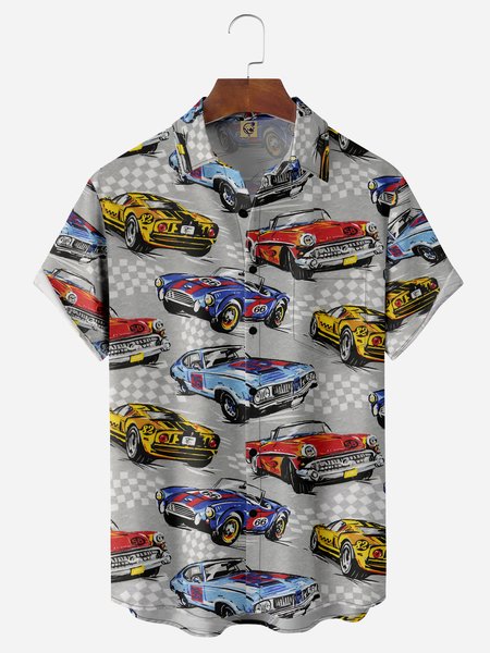 Racing Chest Pocket Short Sleeve Casual Shirt, Gray, Men Shirts