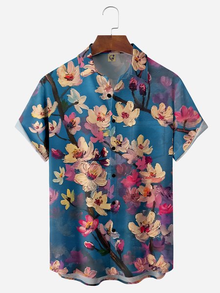 Floral Chest Pocket Short Sleeve Hawaiian Shirt, Blue, Men Shirts