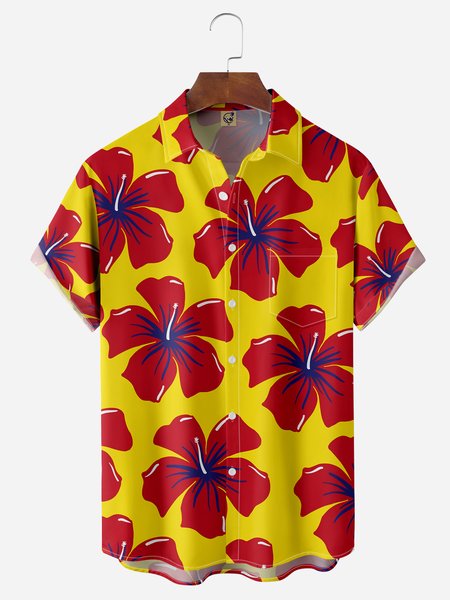 Hibiscus Chest Pocket Short Sleeve Hawaiian Shirt, Yellow, Men Shirts