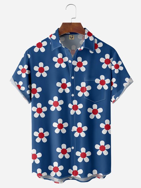 Floral Chest Pocket Short Sleeve Hawaiian Shirt, Blue, Men Shirts