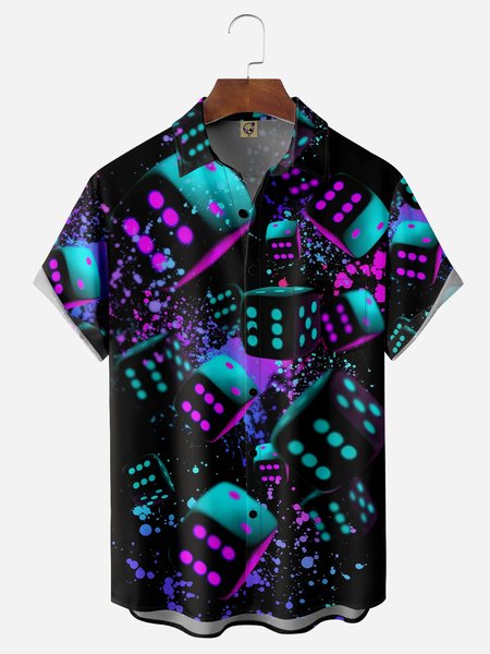 Colorful Dice Chest Pocket Short Sleeve Casual Shirt, Black, Men Shirts