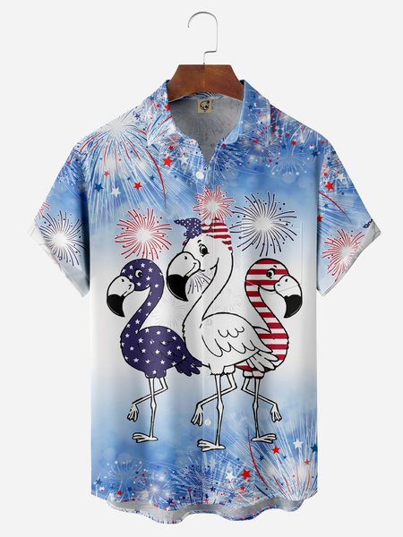 Flamingo Fireworks Chest Pocket Short Sleeve Shirt, Blue, Men Shirts