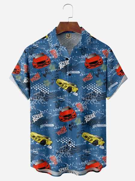 Racing Chest Pocket Short Sleeve Casual Shirt, Blue, Men Shirts
