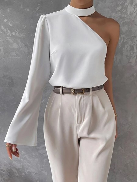 Daily Plain Asymmetrical Regular Fit Shirt, White, Blouses and Shirts