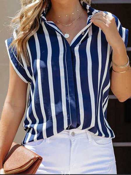 Striped Shirt Collar Loose Urban Blouse, Blue, Shirts & Blouses