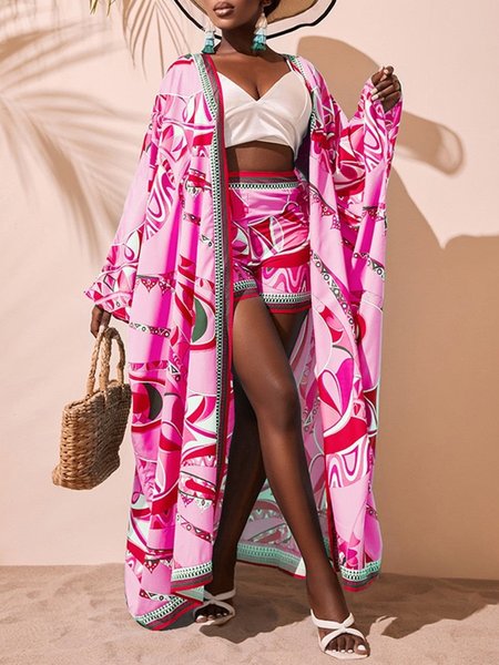 Vacation Abstract V Neck Regular Fit Kimono, Pink, Others