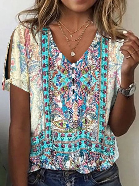Casual Loose V Neck Ethnic Shirt, Blue, Shirts & Blouses