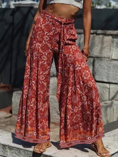 Vacation Loose Ethnic Boho Pants, Red, Pants
