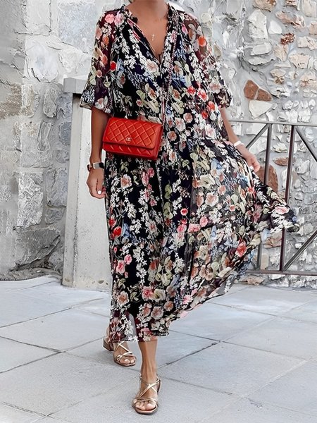 Vacation Floral Stand Collar Half Sleeve Midi Dress With No Belt, Black, Midi Dresses
Vacation Floral Stand Collar Half Sleeve Midi Dress With No Belt, Black, Midi Dresses