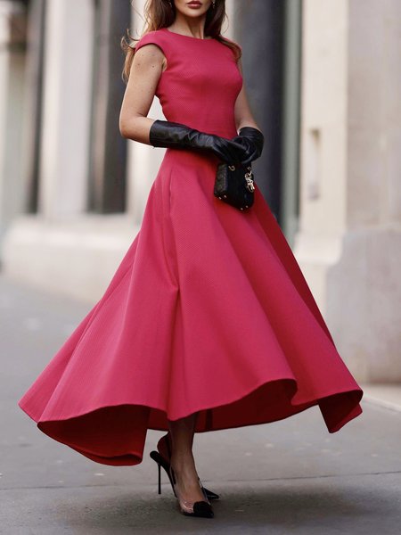 Regular Fit Crew Neck Plain Elegant Dress, Red, Maxi Dresses