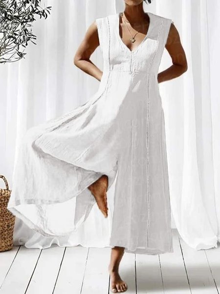 Linen V Neck Plain Jumpsuit, White, Jumpsuits&Rompers