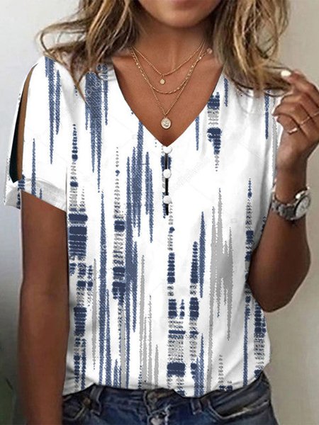 V Neck Ombre Loose Casual T-Shirt, White, T-Shirts