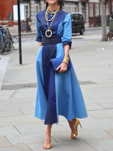 Crew Neck Urban Color Block Denim Midi Dress With Belt, Blue, Midi Dresses