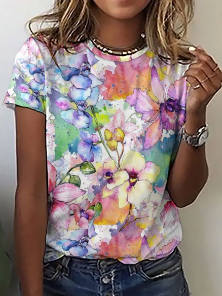 Women's Floral Crew Neck Casual T-Shirt, As picture, T-shirts