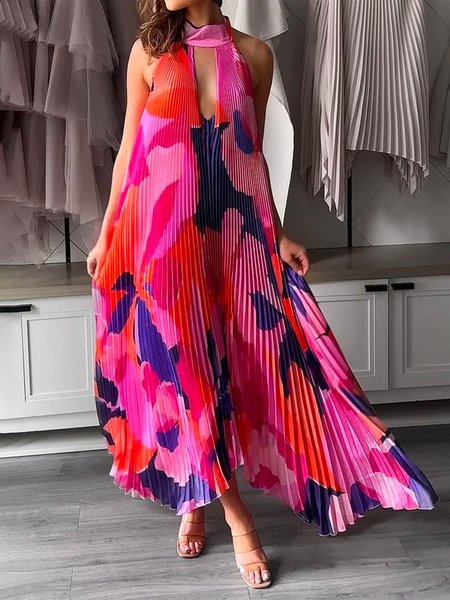 Loose Stand Collar Abstract Vacation Maxi Dress With No Belt, As picture, Maxi Dresses