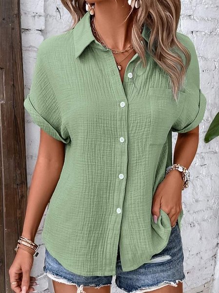 Casual Plain Shirt Collar Blouse, Green, Shirts