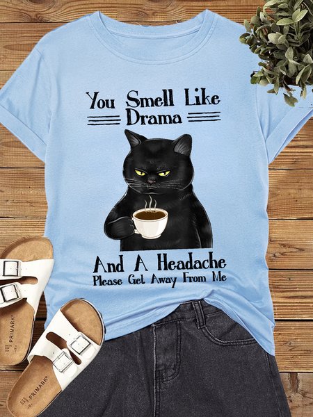 Women's Cotton Funny get away Black cat Crew Neck Casual T-Shirt, Light blue, T-shirts