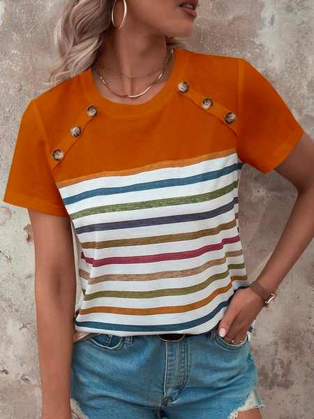 

Vacation Buttoned Color Block Striped Button Detail T-Shirt, Orange red, T-Shirts