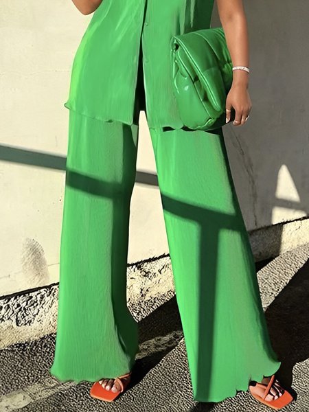 Regular Size Loose Casual Plain Pants, Green, Pants
