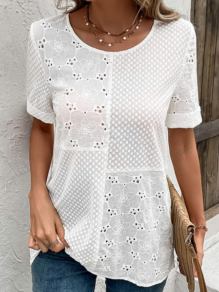 Plain Casual Crew Neck Regular Fit Shirt, White, Shirts & Blouses