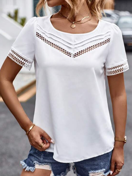 Crew Neck Plain Simple Lace T-Shirt, White, T-Shirts