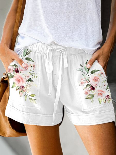 Loose Casual Drawstring Floral Shorts, White, Shorts
Loose Casual Drawstring Floral Shorts, White, Shorts