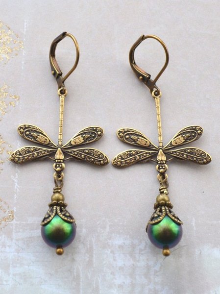 Vintage Metal Dragonfly Pearl Earrings Ethnic Vacation Women's Jewelry, As picture, Earrings 
Vintage Metal Dragonfly Pearl Earrings Ethnic Vacation Women's Jewelry, As picture, Earrings