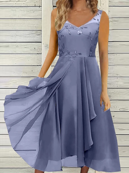 Crew Neck Lace Elegant Plain Dress, Blue, Dresses